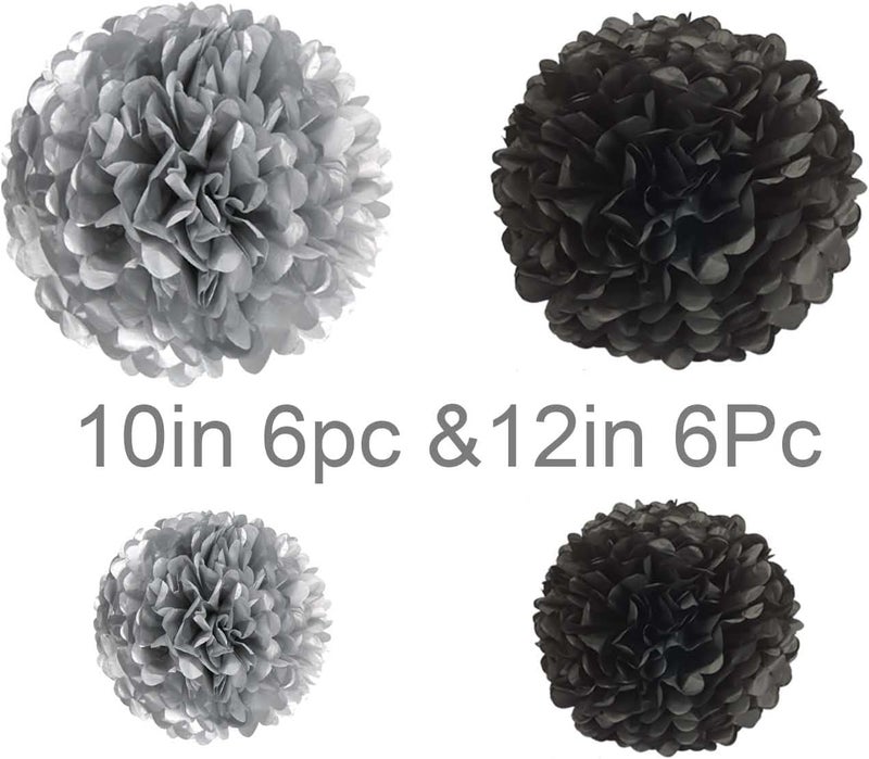 YESON Black and Silver Tissue Paper Pom Poms Hanging Tissue Flowers Poms Decorations Pack of 12 for Wedding, Birthday,Party Backdrop Decor ect. (12", 10",Tissue Paper Flowers) - Image 2